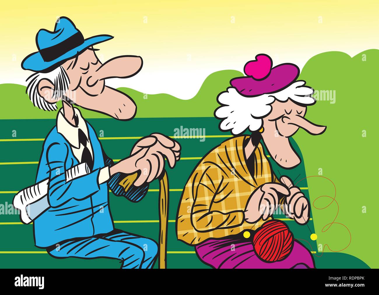 La figura mostra una coppia di anziani, seduta su una panchina nel parco. Illustrazione Vettoriale