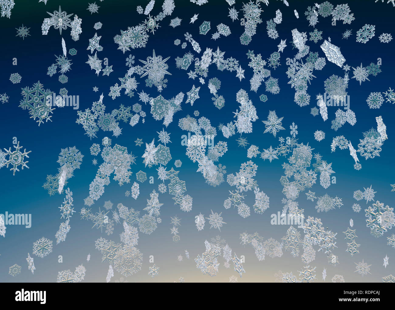 I fiocchi di neve che cade contro uno sfondo blu, illustrazione. Foto Stock