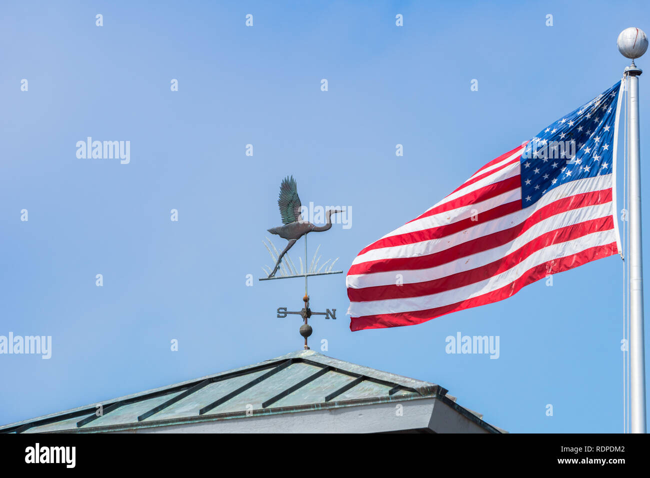 A forma di uccello banderuola; l'americano bandiera nazionale in background, San Francisco Bay Area, California Foto Stock