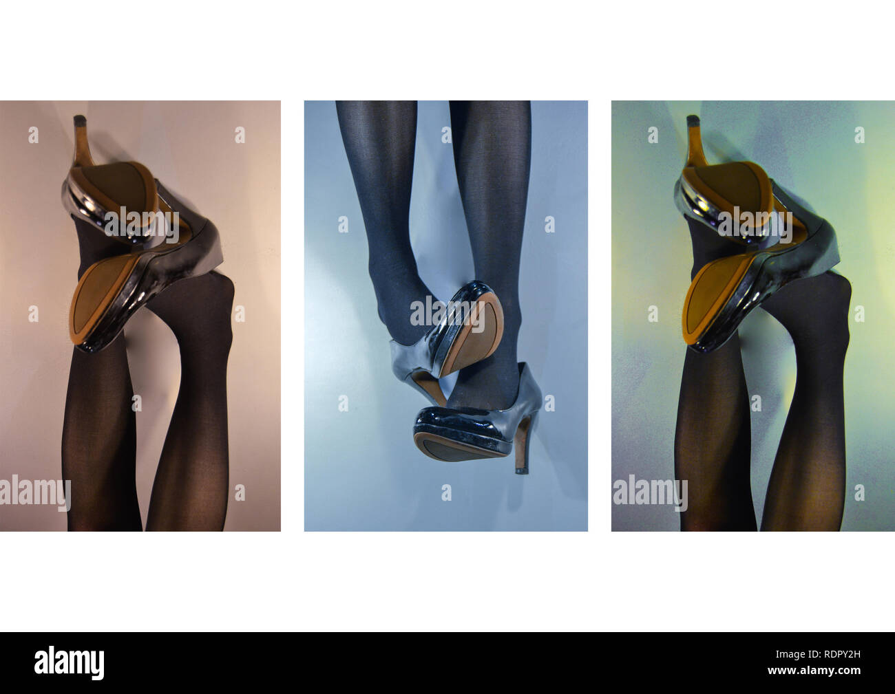 Triptick di gambe indossando tacco alto scarpe in diversi colori Foto Stock
