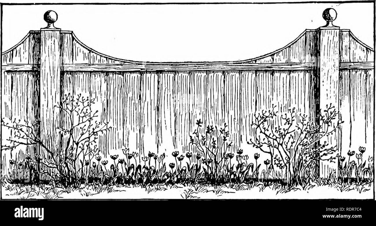 . La gioiosa arte del giardinaggio; un libro di primo soccorso per i dilettanti. Il giardinaggio. La gioiosa arte del giardinaggio. La figura sopra mostra la variazione più semplice di un vecchio recinto. Il boxed-in posti sono finiti da un tabellone quadrato con una sfera posizionata sulla parte superiore di ciascuna per la decorazione. Il recinto superiore-hne è curvata per soddisfare il corrente superiore. Una stretta di stampaggio su parte superiore serve come un traguardo. Il punto importante in copia di questo stile è quello di ottenere un grazioso curva nella riga in alto della recinzione. Coloniale in design è la recinzione di seguito. Essa è particolarmente buono se una percentuale piuttosto bassa recinzione è desiderato. È anche un buon altera Foto Stock