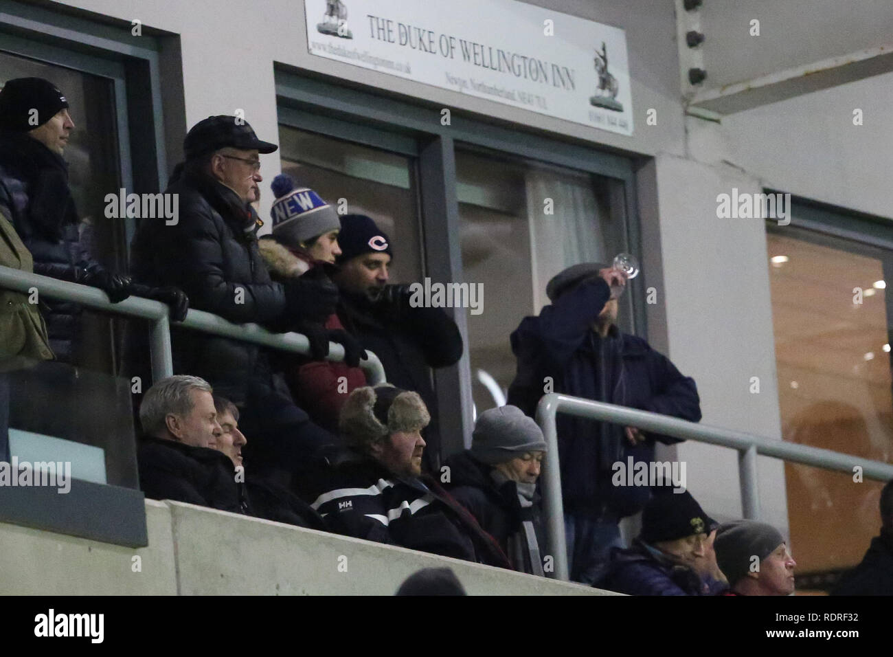 Newcastle Upon Tyne, Regno Unito. 18 gennaio 2019. Inghilterra Rugby Head Coach Eddie Jones guarda da stand durante la European Champions Cup match tra Newcastle Falcons e Rugby Club Toulonnais a Kingston Park, Newcastle venerdì 18 gennaio 2019.(Photo credit: MI News & Sport /Alamy Live News Foto Stock