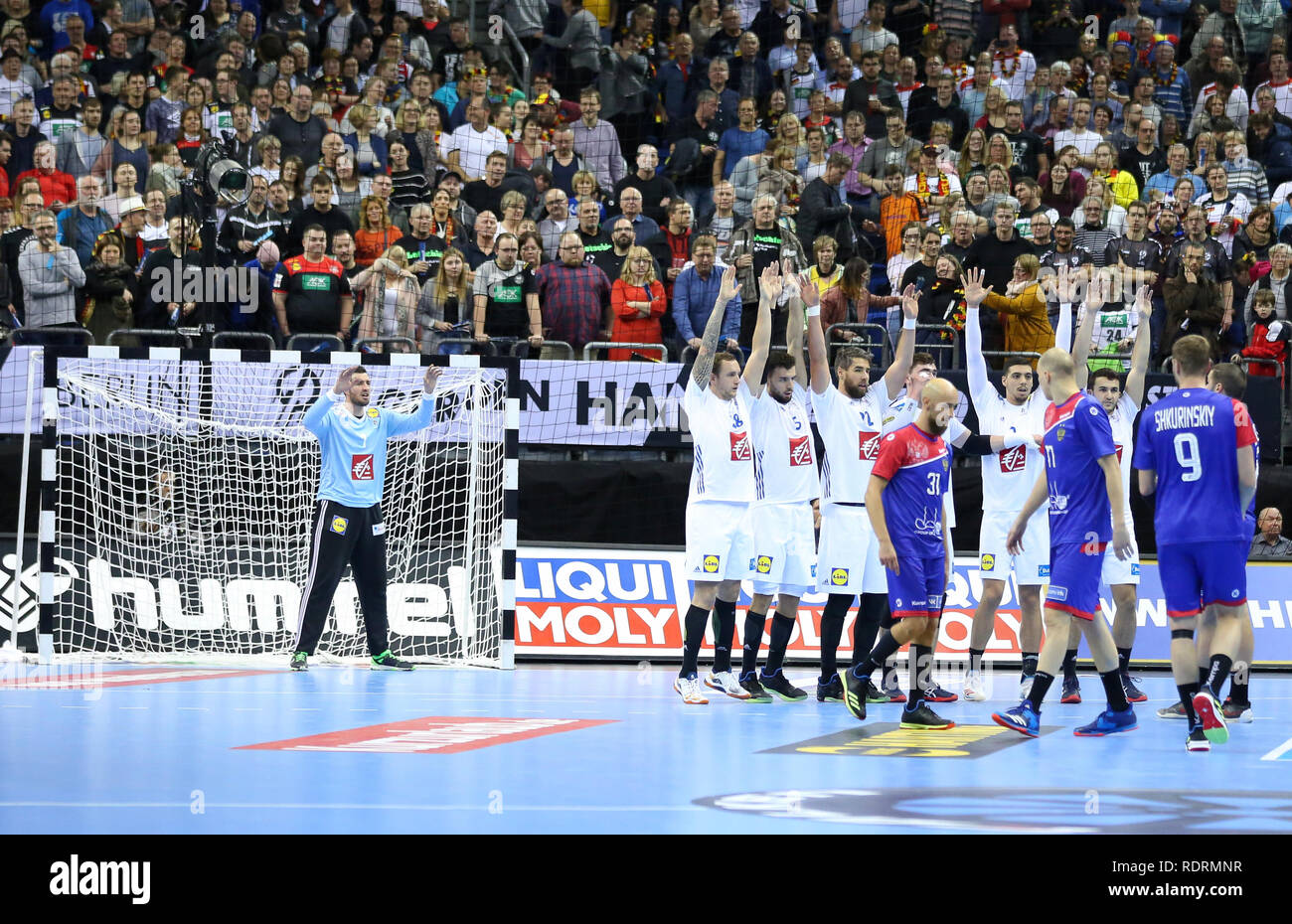 Germania. Berlino, Germania. 17 gen 2019. IHF pallamano uomini del Campionato del Mondo di Berlino, Germania.Ultimo shoot per la Russia contro la Francia Credito: Mickael Chavet/Alamy Live News Foto Stock