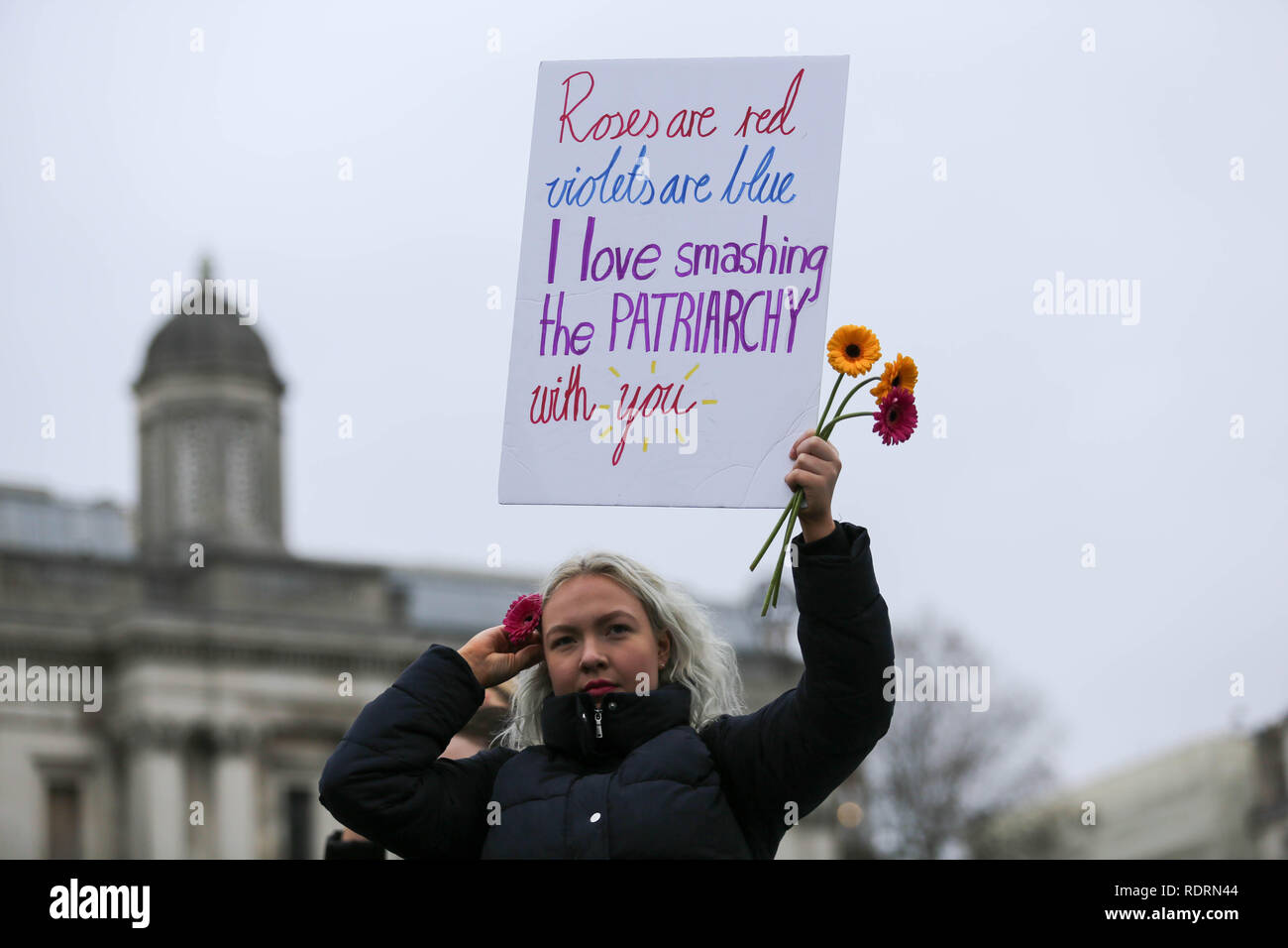Londra, Regno Unito. 19 gennaio 2019. Un manifestante tiene un cartello fatto a mano e un mazzo di rose durante la marcia delle donne a Londra, gennaio 2019. Il cartello recita: "Le rose sono rosse / le viola sono blu / mi piace schiacciare / il PATRIARCATO / con te." La scena cattura l'attivismo femminista creativo nelle giornate fredde vicino a un edificio in stile classico. Penelope Barritt/Alamy Live News Foto Stock