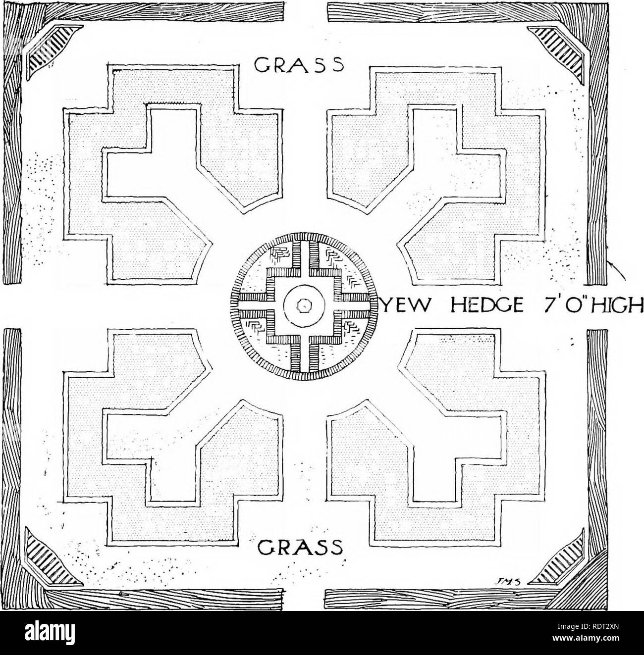 . Giardini per piccole case di campagna . Giardini, inglese. la sfoglia fresca di stagione. Piuttosto un effetto pittorico è spesso visto ben rifinito ligustro formando un ricovero di arco d'ingresso su un cottage porta. Siepi di alloro comune sono così facilmente coltivate e così spesso usato a sproposito che senza battere ciglio uno è venuto per tenerli a buon mercato nella stima e di sotto- valore il loro vero merito; ma una siepe di alloro dodici piedi alto è una splendida cosa"; la dimensione della balestra raccontare bene in proporzione all'altezza. Esso deve essere tagliato a mano; mai mutilata con cesoia, che tagliano le foglie. Un alto siepe di Bay è al Foto Stock