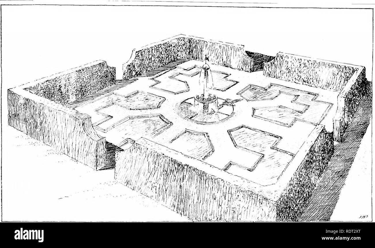 . Giardini per piccole case di campagna . Giardini, inglese. Tew e altre siepi. 135. La sfoglia fresca di stagione. Piuttosto un effetto pittorico è spesso visto ben rifinito ligustro formando un ricovero di arco d'ingresso su un cottage porta. Siepi di alloro comune sono così facilmente coltivate e così spesso usato a sproposito che senza battere ciglio uno è venuto per tenerli a buon mercato nella stima e di sotto- valore il loro vero merito; ma una siepe di alloro dodici piedi alto è una splendida cosa"; la dimensione della balestra raccontare bene in proporzione all'altezza. Esso deve essere tagliato a mano; mai mutilata con cesoia, che tagliano le foglie Foto Stock