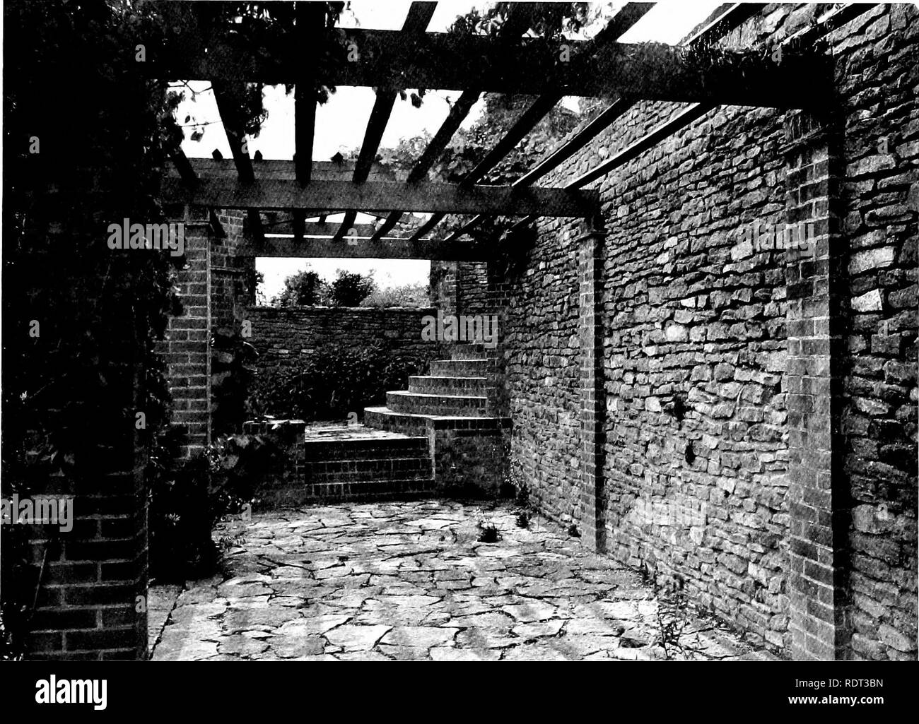 . Giardini per piccole case di campagna . Giardini, inglese. Highmount^ Guildford. 53 Il forte di argilla calcarea è anche favorevole e la posizione dei giunti tra le pietre, dando rifugio e protezione da bagnato per la corona della pianta, ha reso possibile utilizzare piante che non potrebbero altrimenti essere hardy. Cospicuamente bella Highmount, se pur in modo ultimamente piantato, è la gara italiana del Sud Campanula isophylla, di solito cresciuto in serre e non hardy in open, pur qui in crescita inarrestabile e piena di salute e sviluppo. Cercando la duplice scalinata dal rose gar Foto Stock