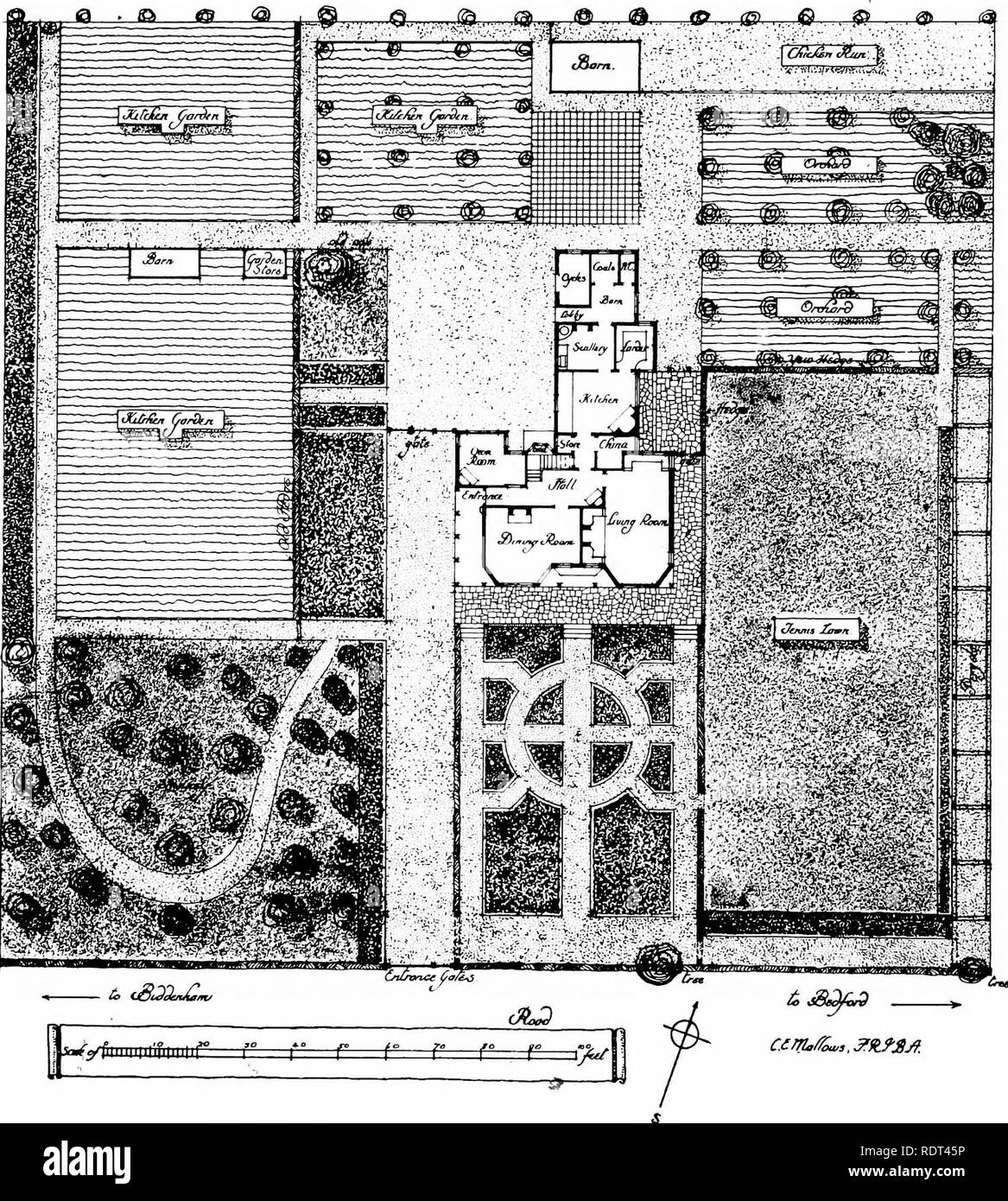 . Giardini per piccole case di campagna . Giardini, inglese. xvm. Giardini per piccole case di campagna. di tale piattaforma è un ovvio e conveniente per lo smaltimento di terra o di sabbia scavato per le fondazioni e le cantine. È inoltre desiderabile disporre di una ampia e facile terrazza sul lato soleggiato. Il piano e disegno (Fig. II e III.) mostrano un ingegnoso trattamento dal sig. C. E. Mallows di uno spazio rettangolare di circa un acro. La casa si trova vicino al centro di un vantaggio su un piccolo appezzamento; è ben delimitata lateralmente da una pergola,. FIG. III.-piano di un giardino dal sig. C. E. Le malve. waJled sul suo lato esterno per il Foto Stock