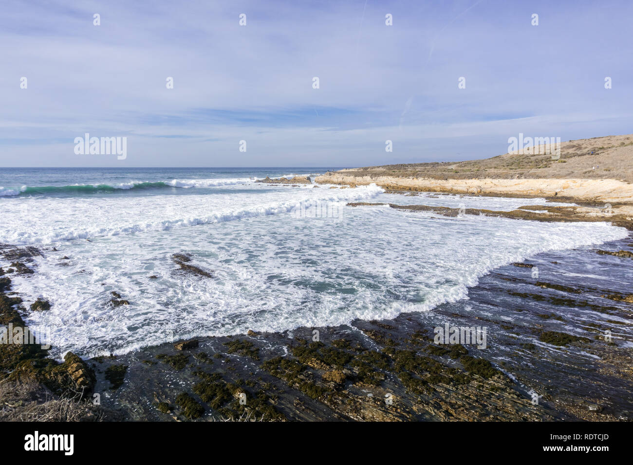 Surf che copre una delle baie in Montana de Oro State Park, California centrale Foto Stock