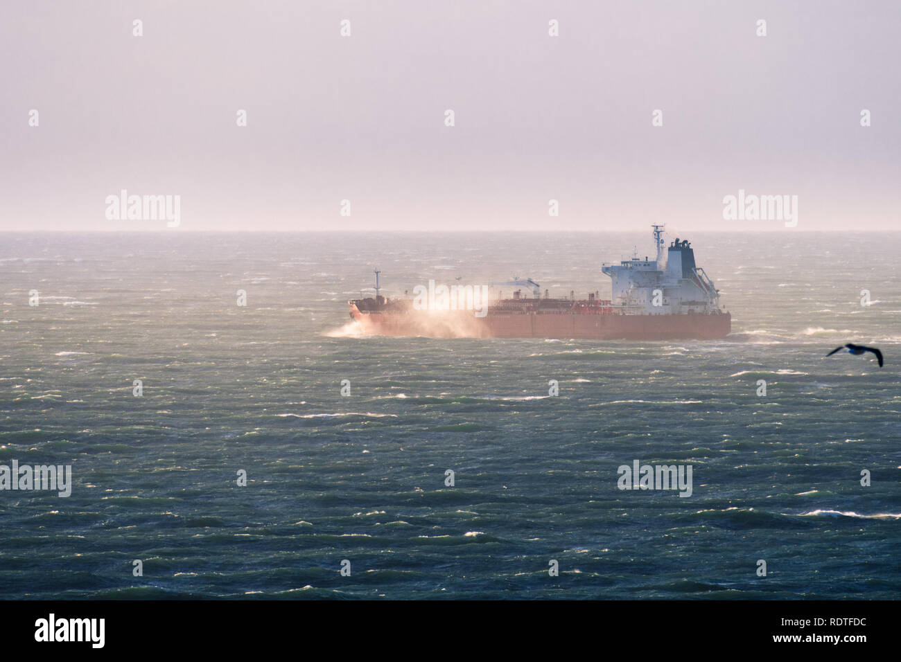 Svuotare nave cargo lasciando San Francisco Bay Area e rendendo il suo modo attraverso un agitato Oceano Pacifico, California Foto Stock