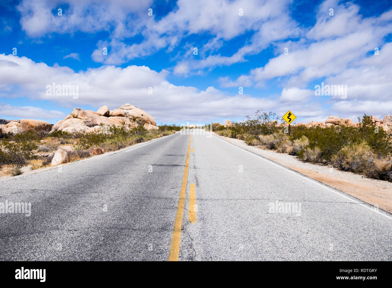 La guida su una strada pavimentata a Joshua Tree National Park, California del sud Foto Stock