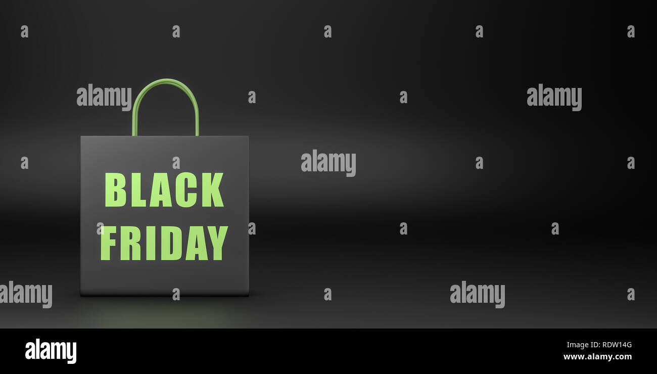 Uno nero Shopping Bag con Venerdì nero il testo su sfondo nero con Copyspace 3D illustrazione Foto Stock