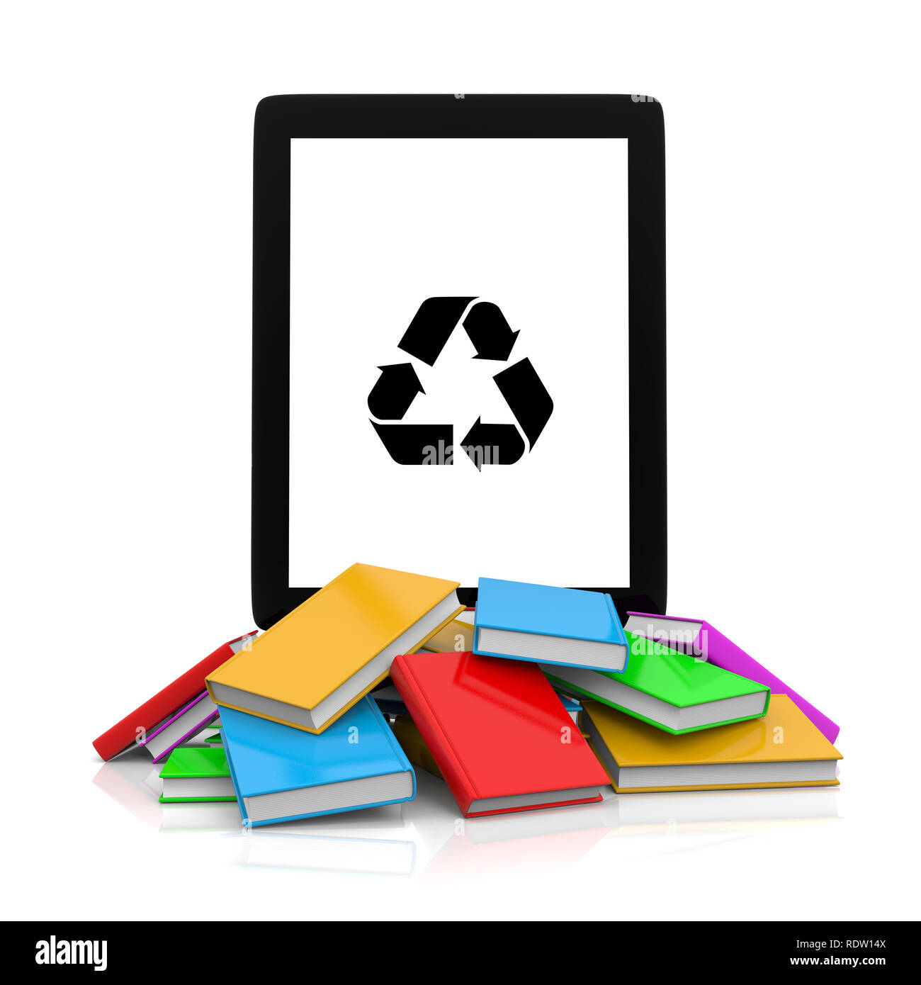 Tablet PC con simbolo di riciclaggio sullo schermo sulla sommità di una pila di libri colorati 3D illustrazione Foto Stock
