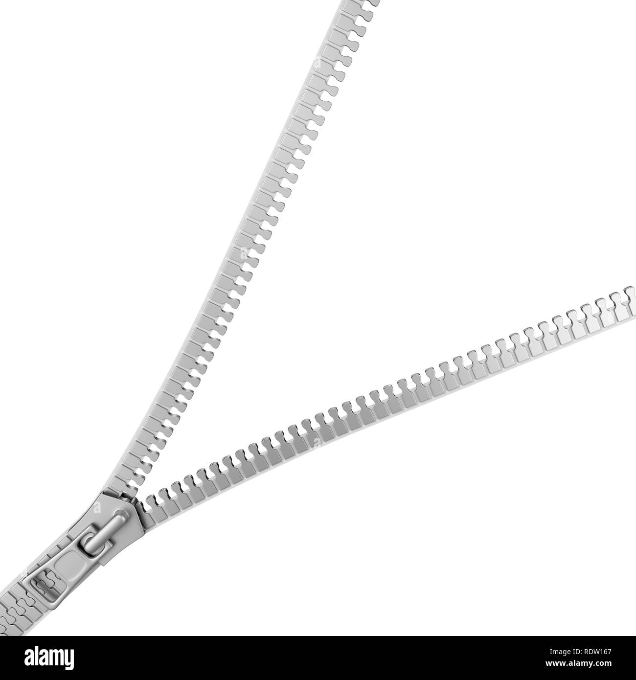 Aprire zip in metallo isolato su sfondo bianco modello 3D illustrazione Foto Stock