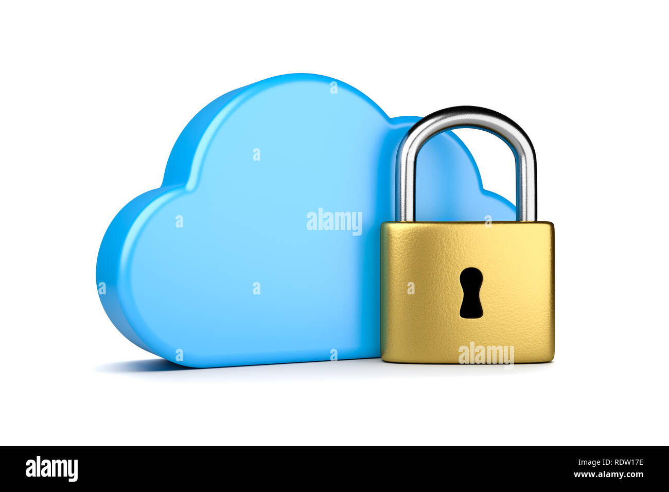 Blue Cloud con lucchetto in metallo 3D'illustrazione su sfondo bianco Foto Stock