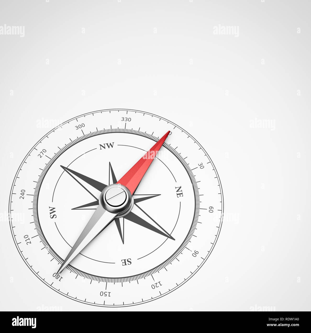 Bussola con ago rosso con Copyspace su sfondo bianco 3D illustrazione Foto Stock