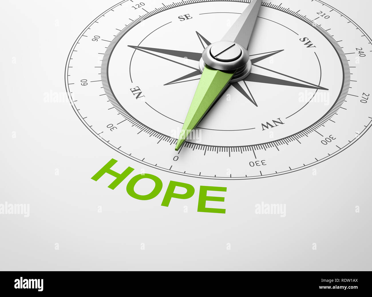 Bussola magnetica con l'ago rivolto verso il verde speranza parola su sfondo bianco 3D illustrazione Foto Stock