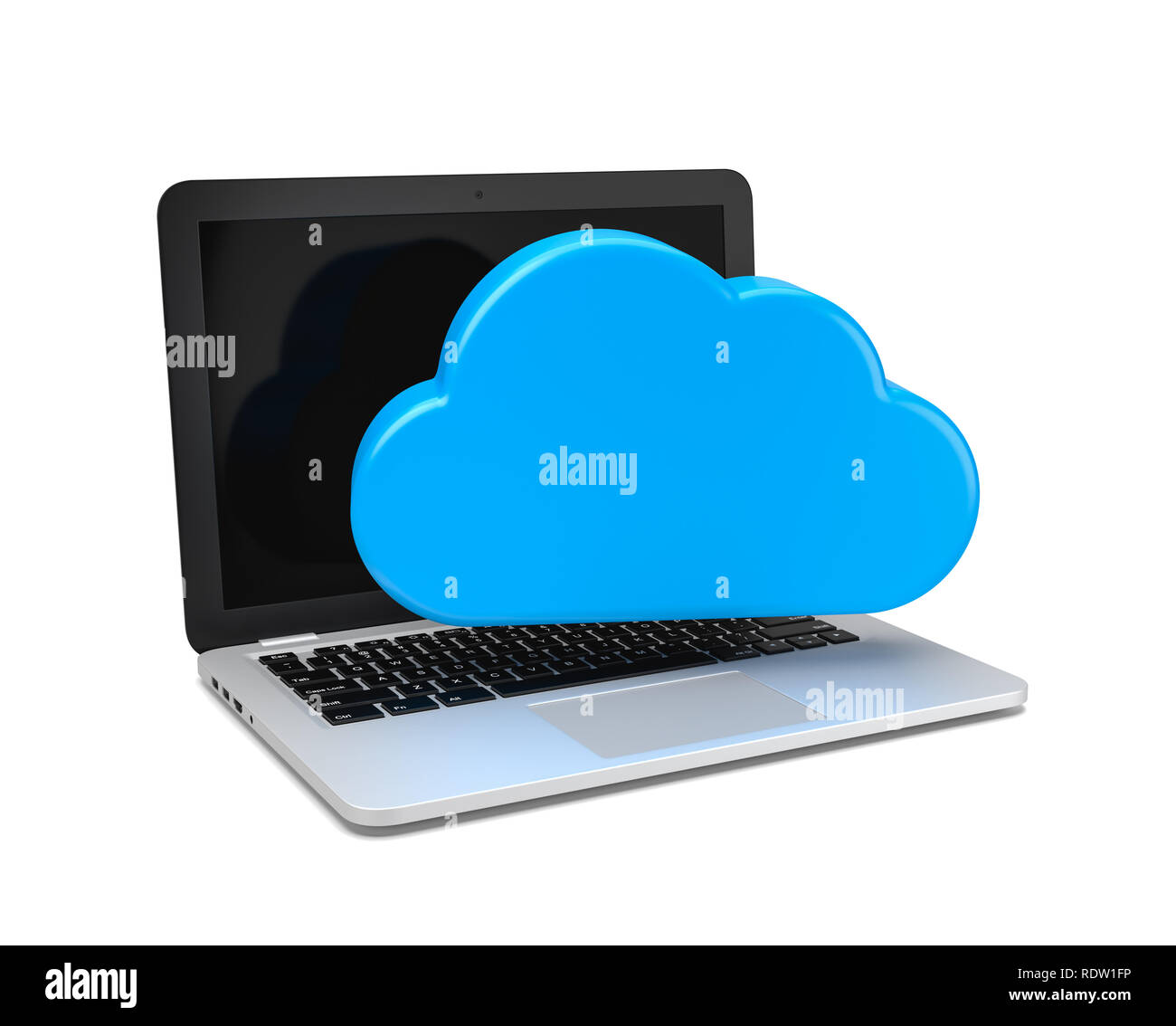 Computer portatile con una nuvola blu 3D'illustrazione, Cloud Computing Concept Foto Stock
