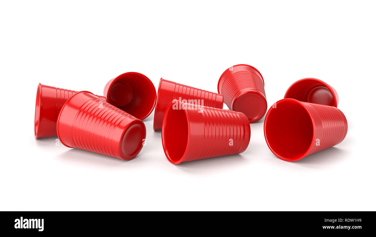 Gruppo disordinato di rosso con bicchieri di plastica su sfondo bianco 3D illustrazione Foto Stock