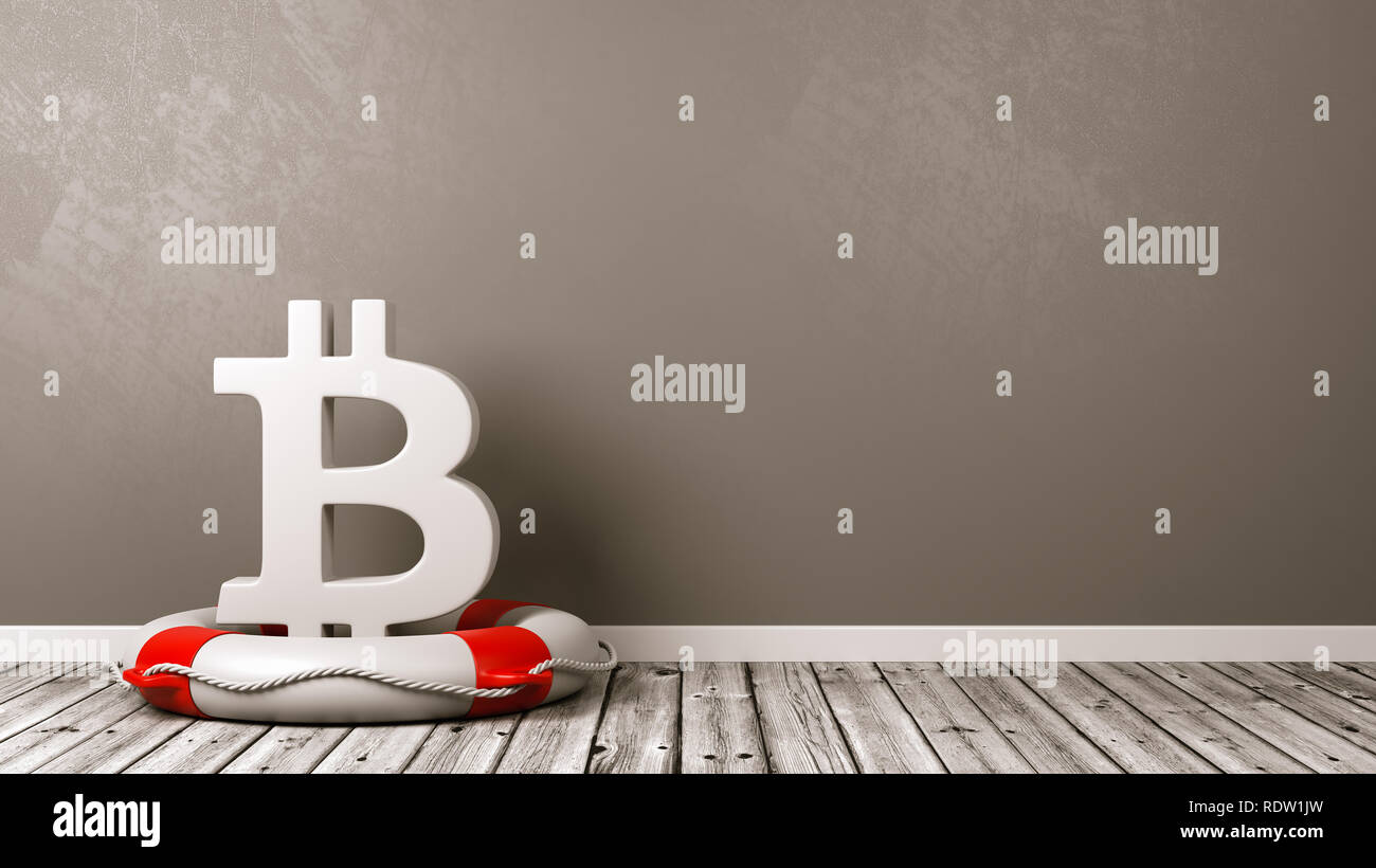 Bitcoin bianco forma del simbolo su un salvagente in camera con Copyspace 3D illustrazione Foto Stock