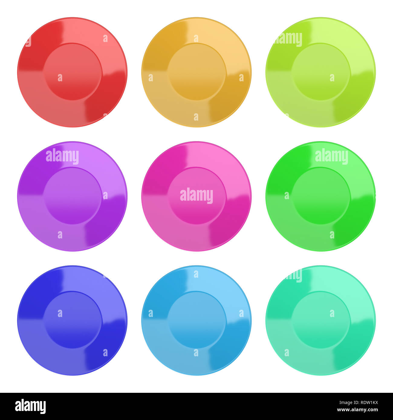 Raccolta di Vuoto piastra colorata isolati su sfondo bianco 3D'illustrazione, vista dall'alto Foto Stock