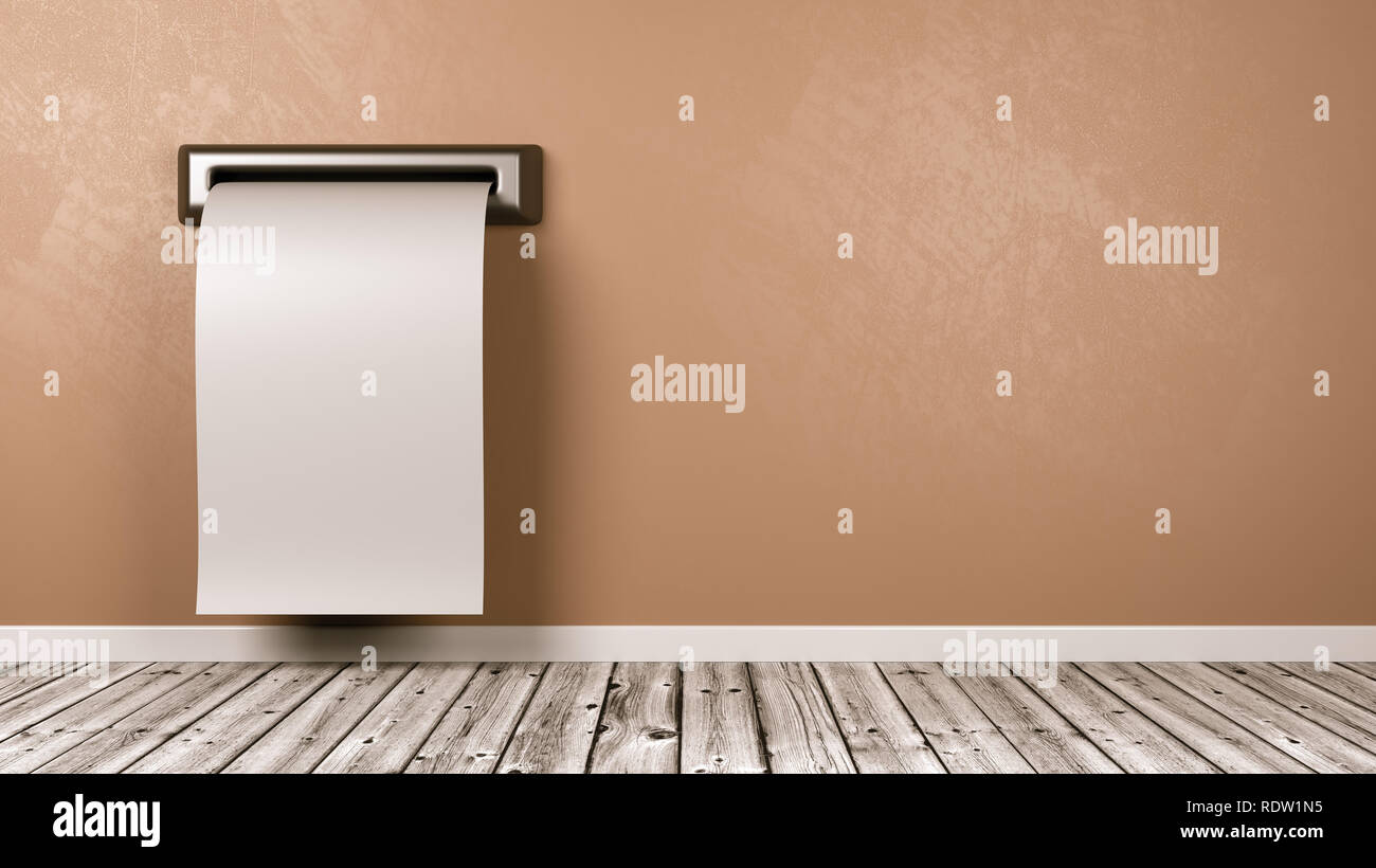 Vuoto bianco ricevuta del biglietto che fuoriesce dalla parete di un pavimento in legno Camera con spazio copia 3D illustrazione Foto Stock