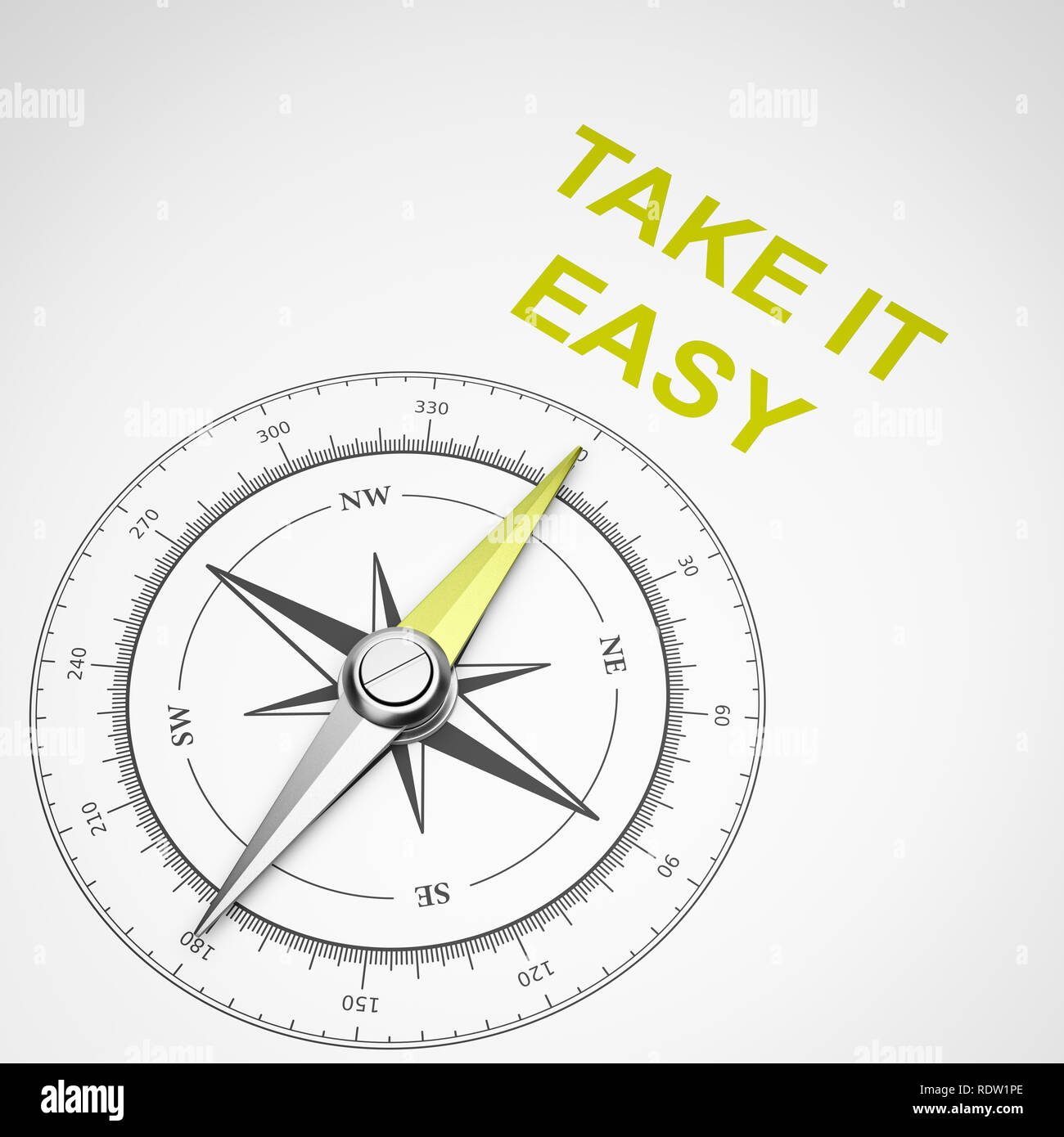 Bussola magnetica con l'ago rivolto verso il giallo Take it easy il testo su sfondo bianco 3D illustrazione Foto Stock