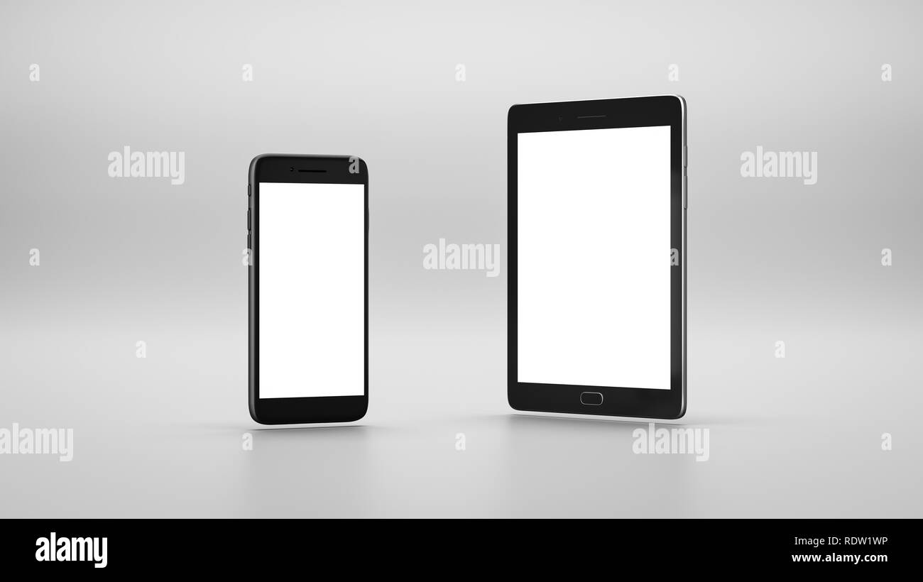 In piedi Smartphone e Tablet Pc con bianco display bianco su sfondo grigio con Copyspace 3D illustrazione Foto Stock