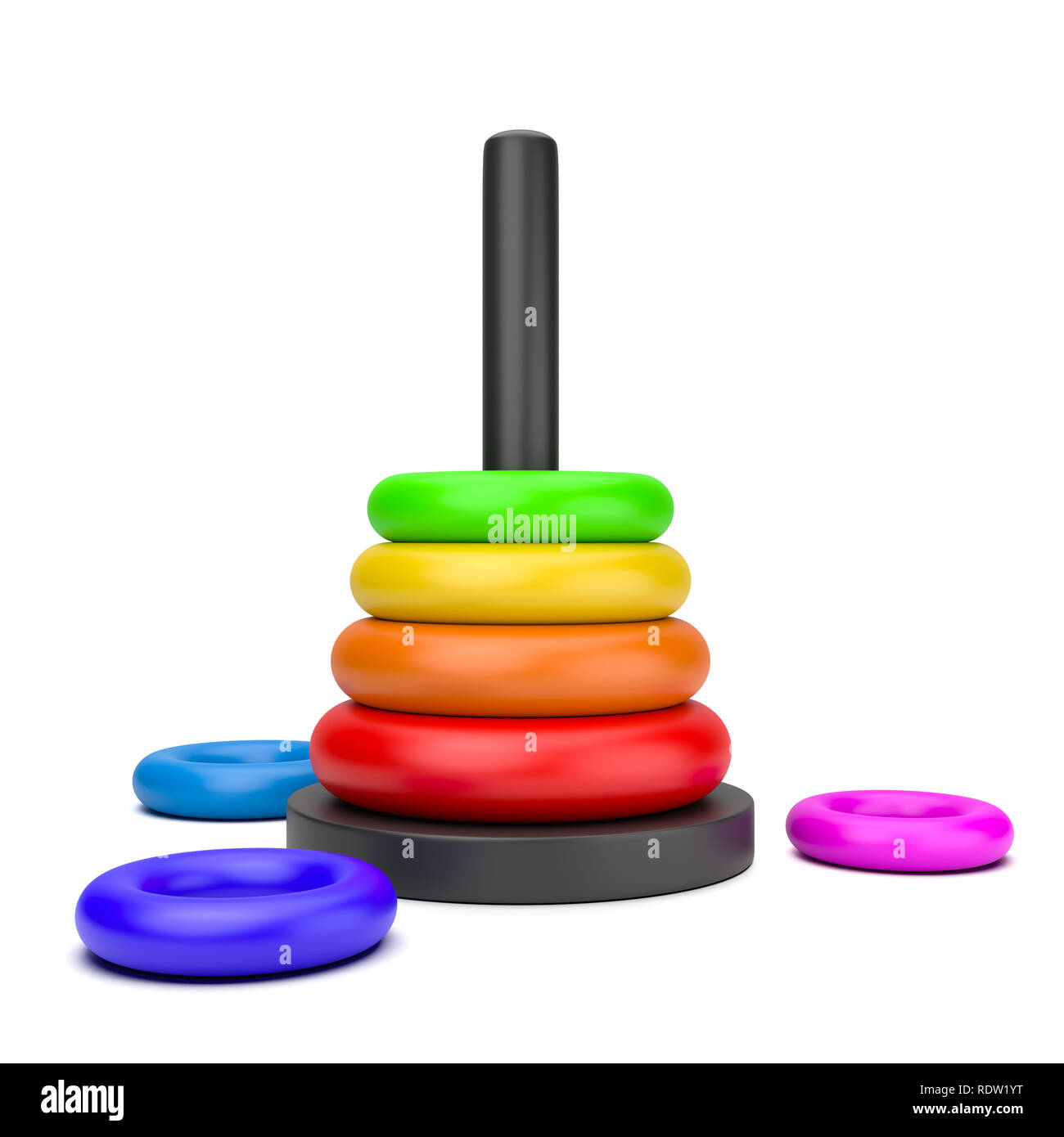 Pila di plastica colorati dischi in ordine ascendente su sfondo bianco 3D illustrazione Foto Stock