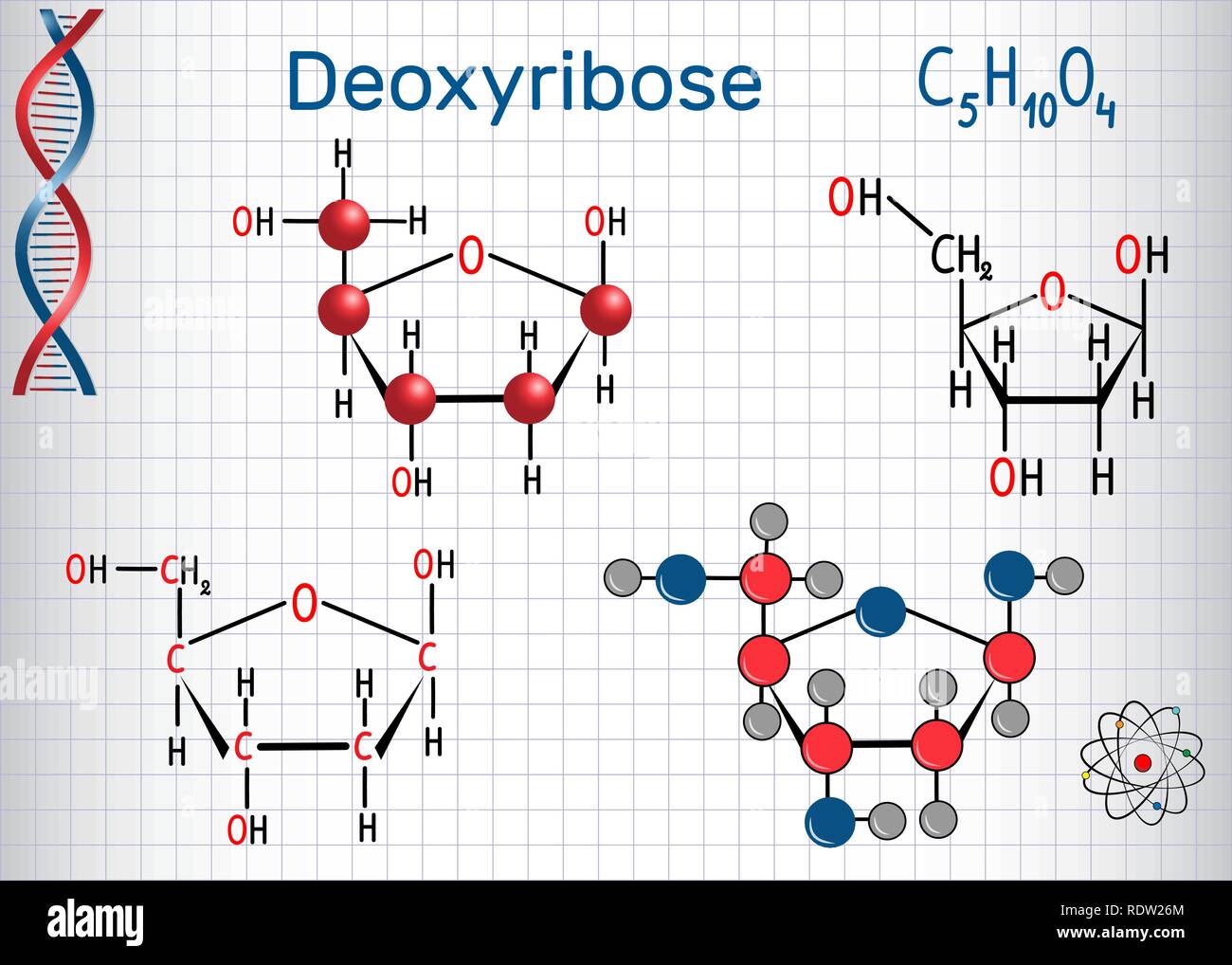 Deossiribosio molecola, è un monosaccaride (deoxy sugar), esso fa parte del backbone di DNA. Formula chimica di struttura e la molecola modello. Shee Illustrazione Vettoriale