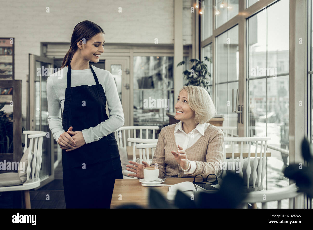 Sorridente cameriera piacevole parlare con il suo client costante Foto Stock