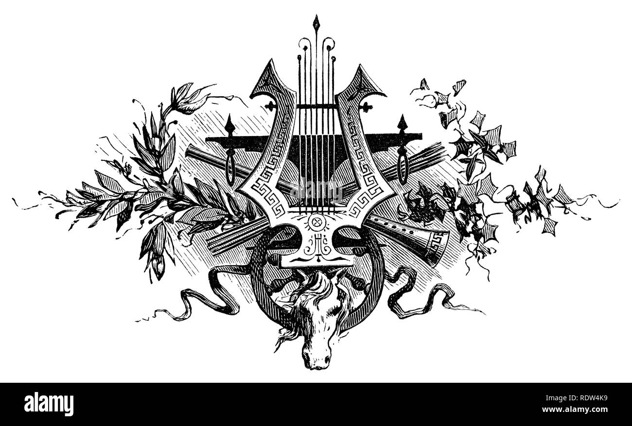 Sarta tipografica d'epoca o ornamento con arpa, testa di cavallo, mistetoe e agrifoglio o edera Foto Stock