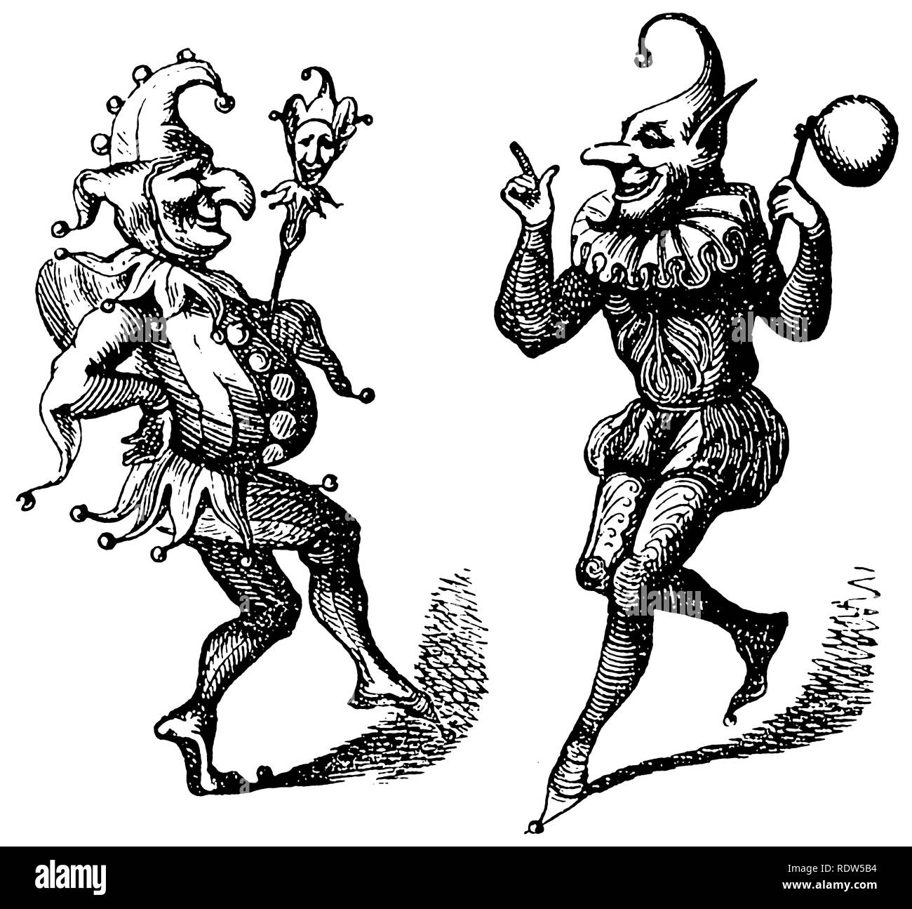Due Harlequins danzanti, o Jesters, da un taglio di legno vintage venduto come immagine di stock, o stock-block. Foto Stock