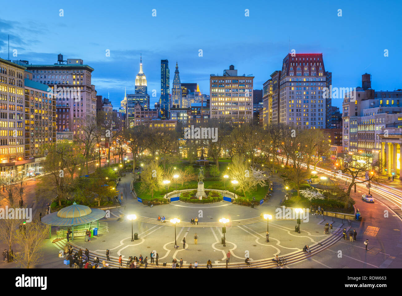New York, New York, Stati Uniti d'America cityscape su Union Square in Manhattan inferiore al crepuscolo. Foto Stock