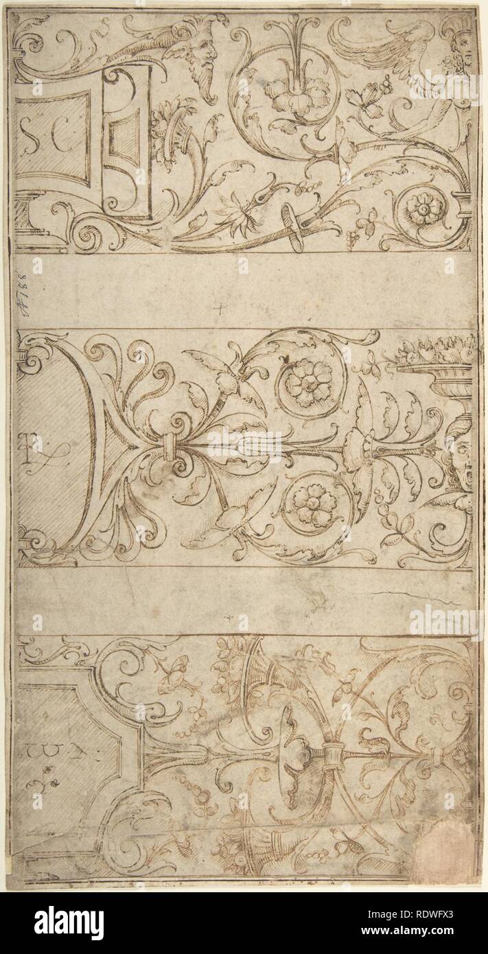 Antique-Style fregio ornamentale Design- letterati pannelli, Rinceaux, e maschere Foto Stock