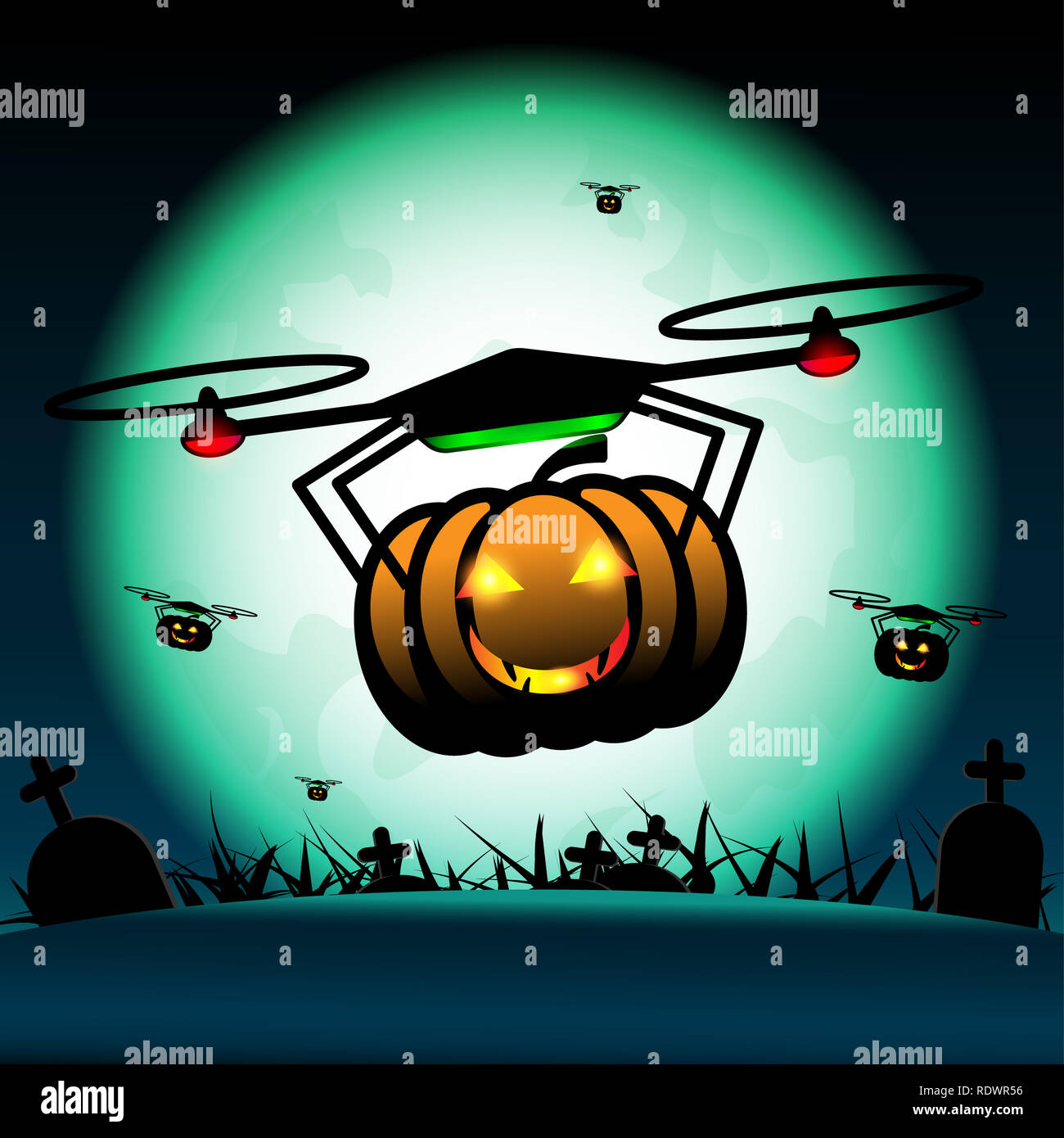 Vector Zucca di Halloween fuchi volare su Halloween. Luna piena al di sopra delle tombe a mezzanotte dello sfondo. Foto Stock