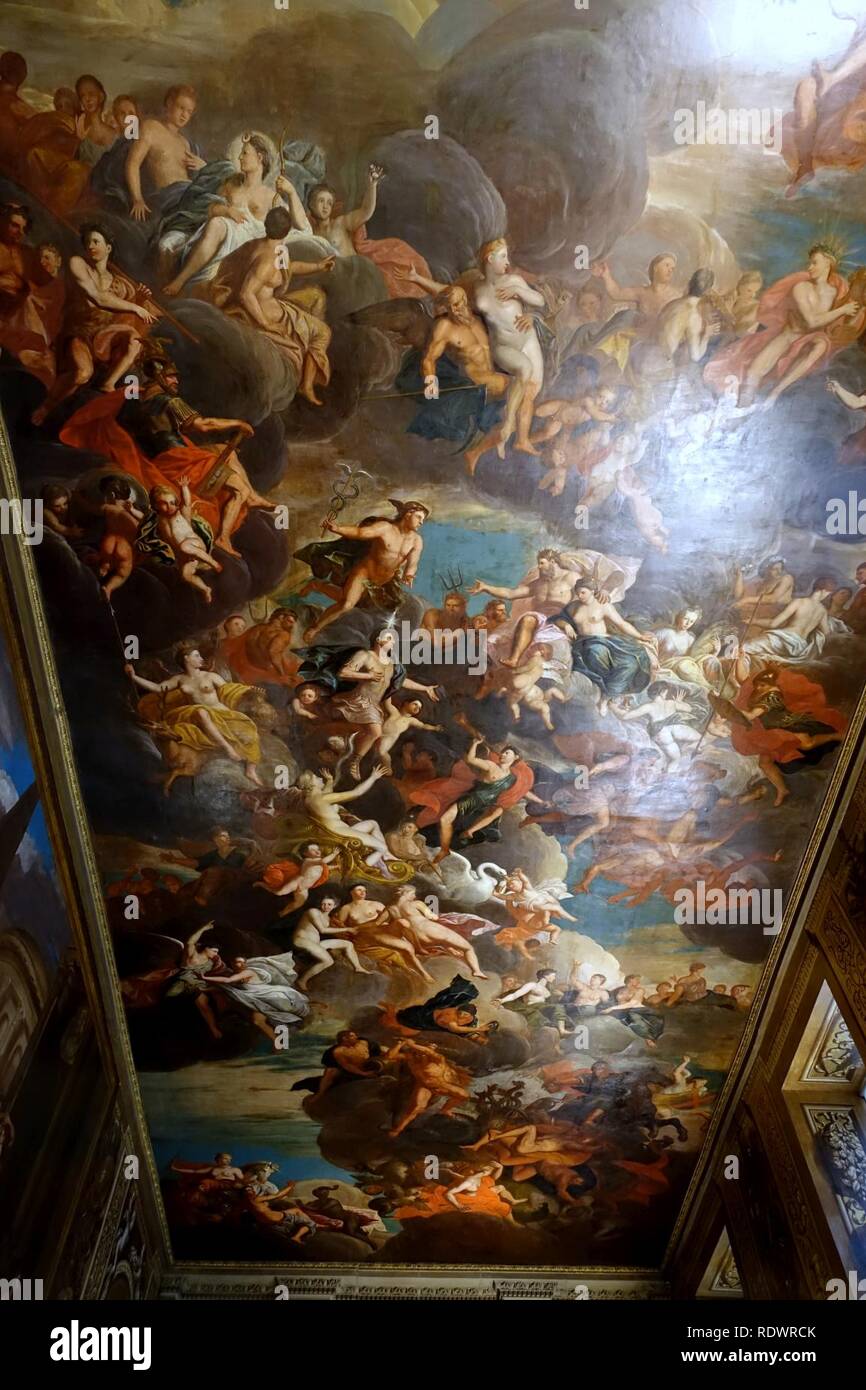 Apoteosi di Giulio Cesare, da Louis Laguerre, 1692-1694, olio su intonaco - Ingresso Hall, Chatsworth House - Derbyshire, Inghilterra - Foto Stock