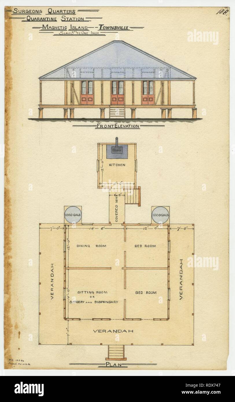 Disegno architettonico del chirurgo di quarti, stazione di quarantena, Magnetic Island, 1886. Foto Stock