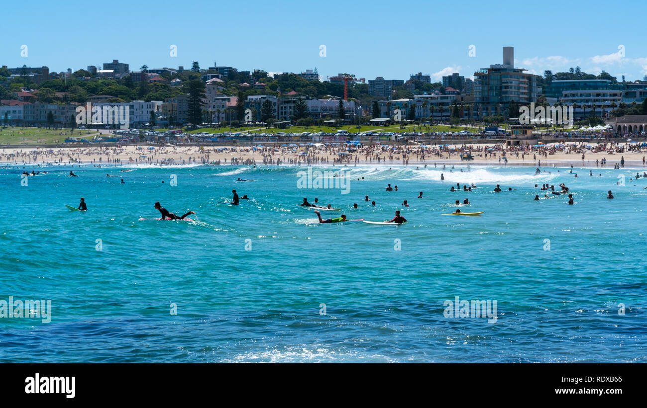 Surfers di prendere onde sulla spiaggia Bondi acqua in Sydney NSW Australia Foto Stock