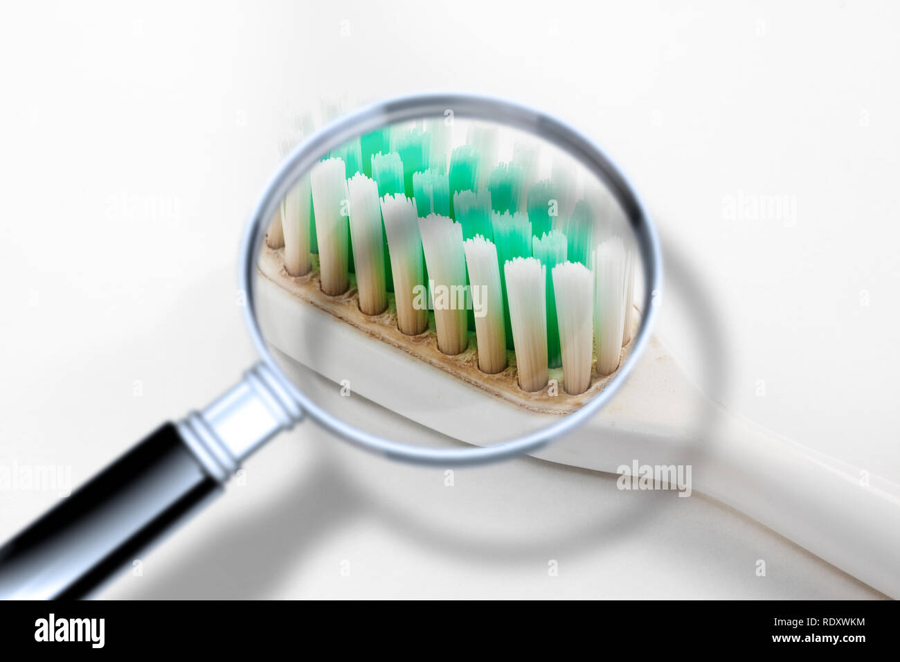 Vecchio e sporco e antigienico spazzolino da denti - Concetto di immagine  visto attraverso una lente di ingrandimento Foto stock - Alamy