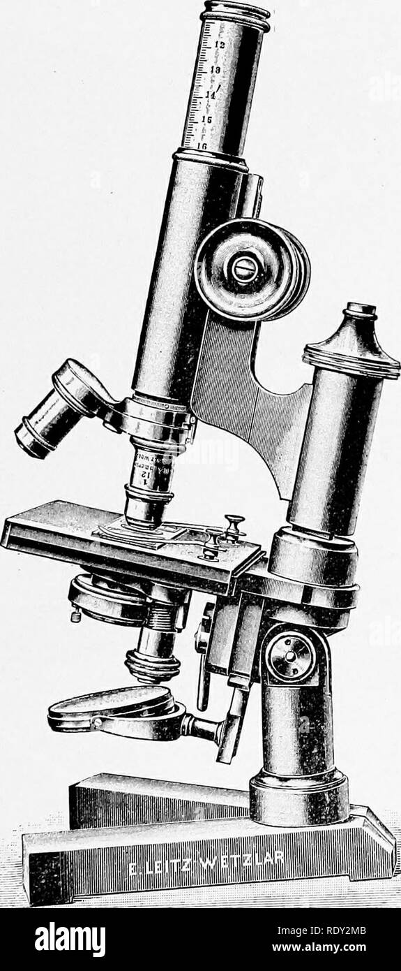 . Il microscopio : introduzione ai metodi microscopici e istologia. Microscopi. CH. VII"] dimostrazioni di vetro 195 ha un elemento di bloccaggio in modo tale che una volta che il campione è nella giusta posizione e lo strumento concentrato può essere fatta passare attorno alla classe. Per observa- zione è solo necessario per ogni studente per puntare il microscopio verso una finestra o una lampada. Fig. 150. Microscopio mobile sset fino al lavoro (da leilz' Catalogo.). Si prega di notare che queste immagini vengono estratte dalla pagina sottoposta a scansione di immagini che possono essere state migliorate digitalmente per la leggibilità - Colorazione e aspetto di questi illustrazione Foto Stock