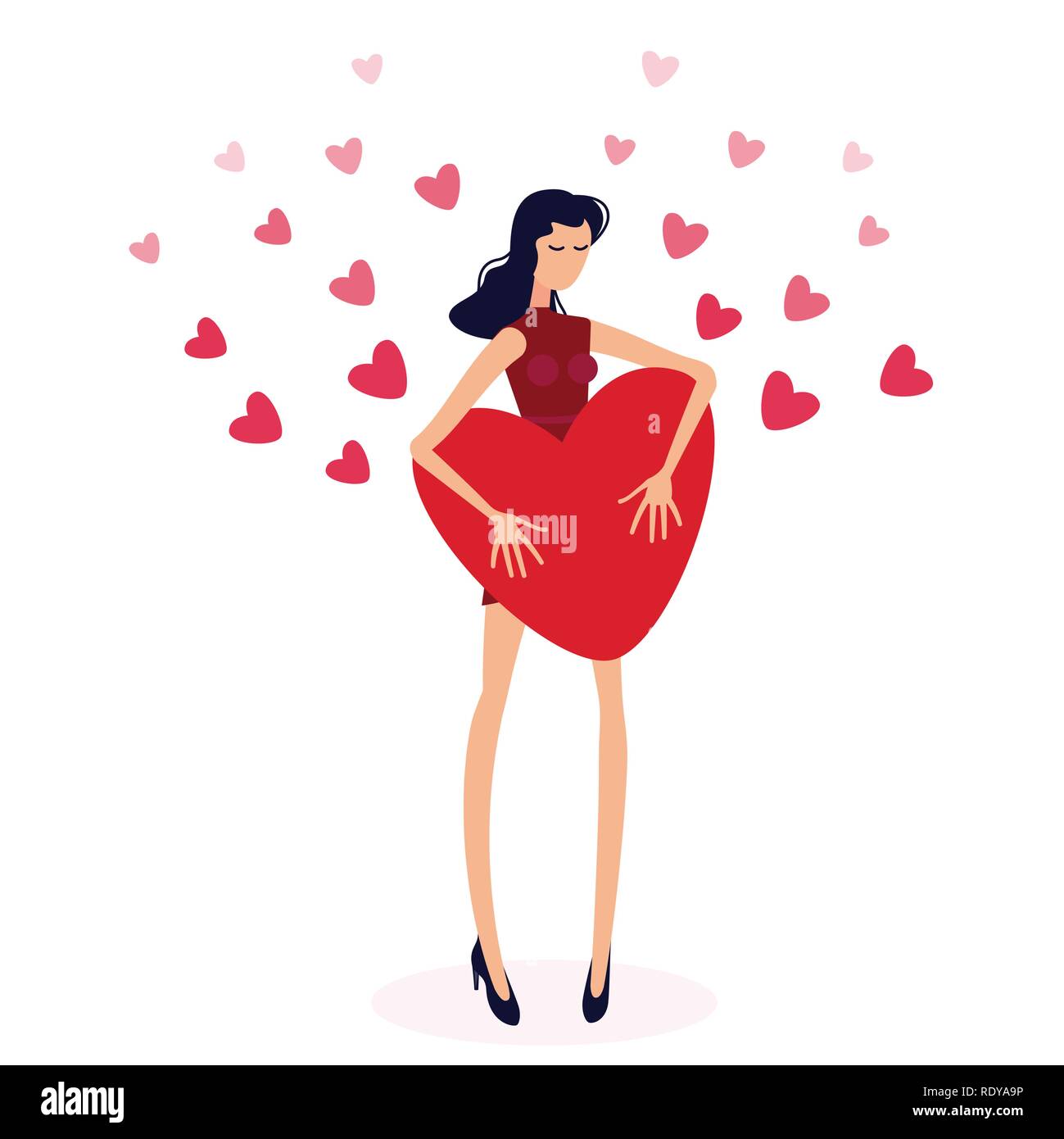 Ragazza con un grande cuore rosso.di San Valentino cuori sull amore giorno concetto. L isolato la figura di una ragazza con i capelli lunghi Illustrazione Vettoriale