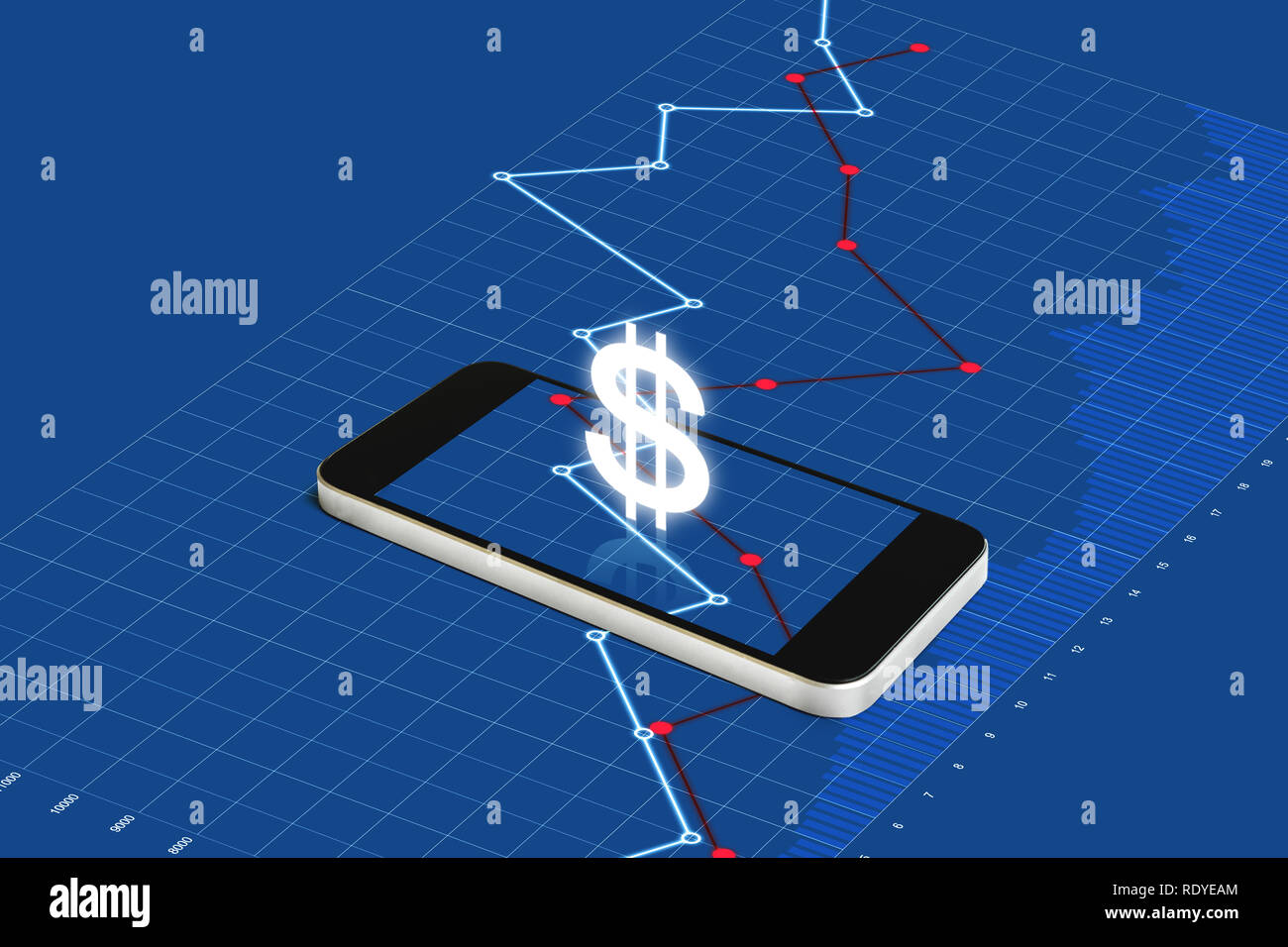 Valuta digitale e di electronic banking online. Mobile smart phone con il simbolo della valuta e sollevando il grafico Foto Stock