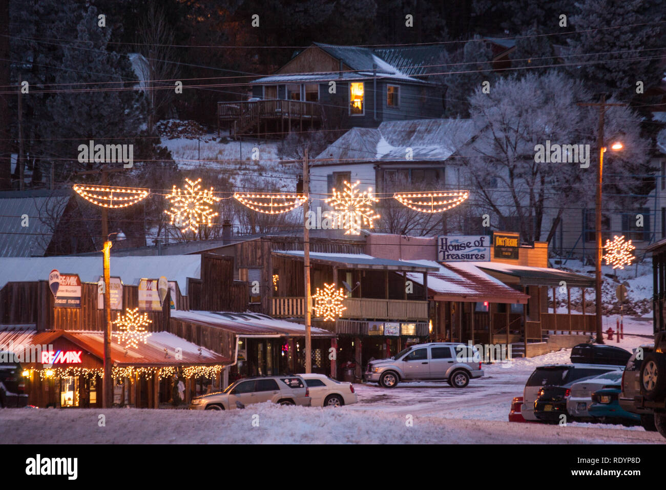 Vacanza Inverno sera in Cloudcroft, Nuovo Messico Foto Stock