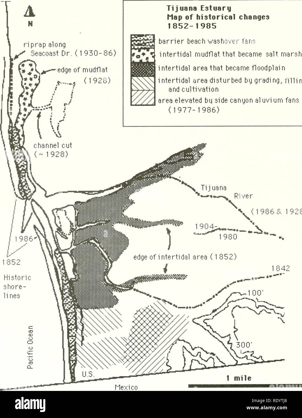 . L'ecologia di Tijuana estuario, California : un cittadino di estuario riserva di ricerca. Ecologia di estuario -- California Tijuana estuario del fiume. Tijuana estuario Mappa di cambiamenti storici barriera 1852-1985 beach washover fans rj *lj intertidal mudflat che divenne la Palude Salata zona intercotidale che divenne floodplain zona intercotidale disturbato dalla cernita, riempimento, e area di coltivazione elevata bu canyon laterale al uvi um ventole (1977-1986). Fiume . (1986&amp; 1928) 1 9Â°4^â-  Jv 'â"" 1980 *" "â * 1842 Figura 2.14. Cambiamenti storici che hanno ridotto il prisma di marea di Tijuana estuario. Mod Foto Stock