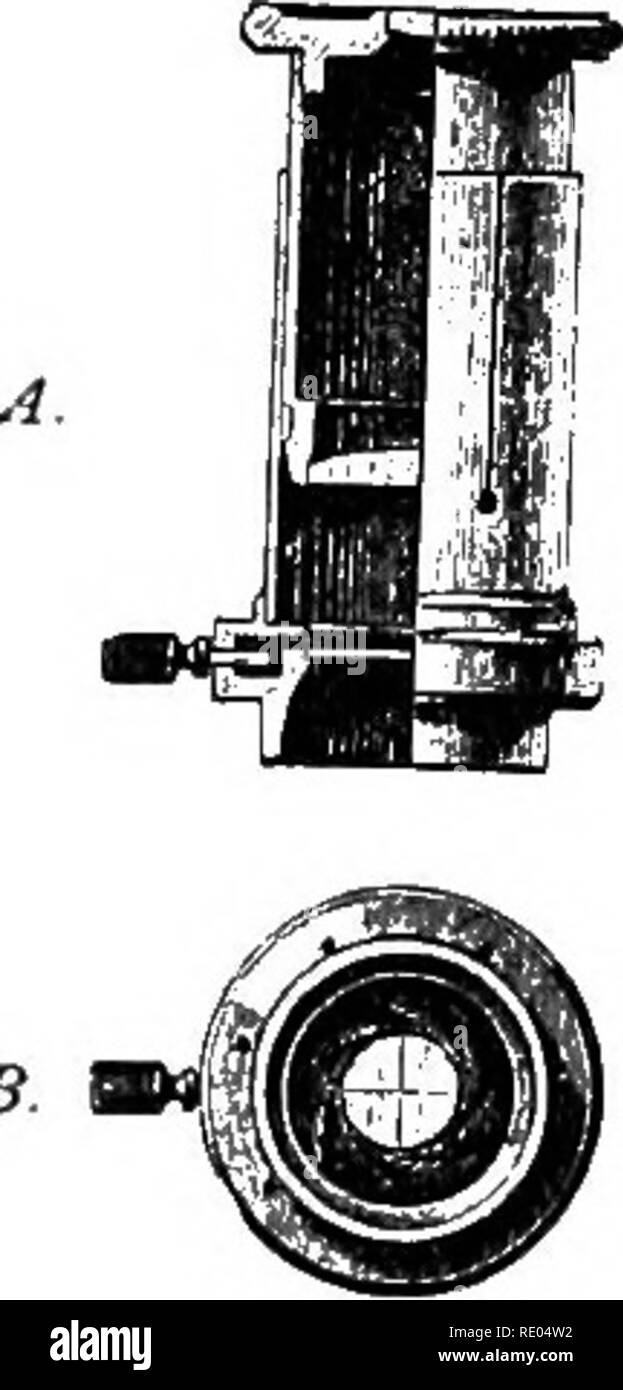 . Il microscopio : introduzione ai metodi microscopici e istologia. Microscopi. CH. VI] MICRO-Chemistry 181 è formata ferrico, acetato di ammonio e chlorid chlorids doppio di ammonio e di ferro. Studiare la preparazione e osservare i punti seguenti. I. tendenza verso la formazione di sale doppio. 2. Che tipo di cristallo del NH4C1 è un cubo. 3. Cubi potrebbe crescere in modo tale da presentare l'aspetto di un prisma rettangolare. 4. In certe posizioni cubetti hanno l'aspetto di una piramide". 5. In altre posizioni che essi presentano un profilo esagonale, quindi simu- relativa di un poliedro di molte facce. 6. Th Foto Stock