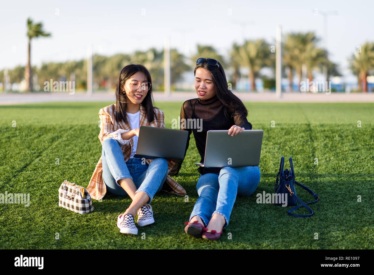 Due ragazze asiatiche lavorando su laptop all'aperto Foto Stock