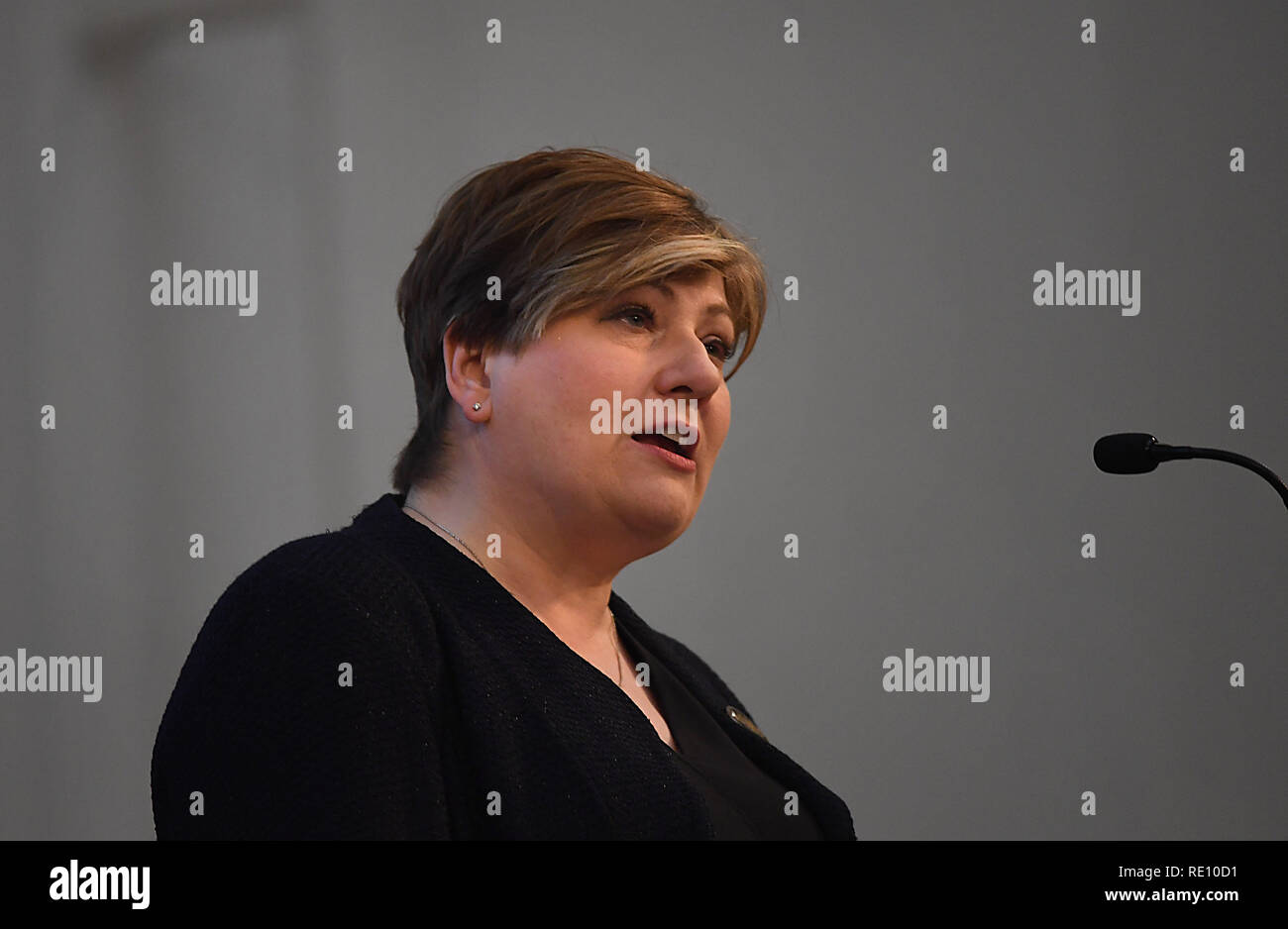 Ombra Segretario degli esteri Emily Thornberry parlando alla Fabian Society anno nuovo conferenza a casa di amici a Londra. Foto Stock