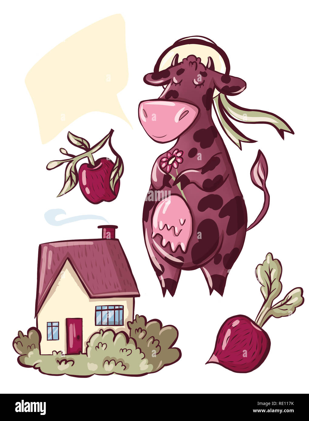 Set di villaggio, mucca, barbabietole, Apple, country house Foto Stock