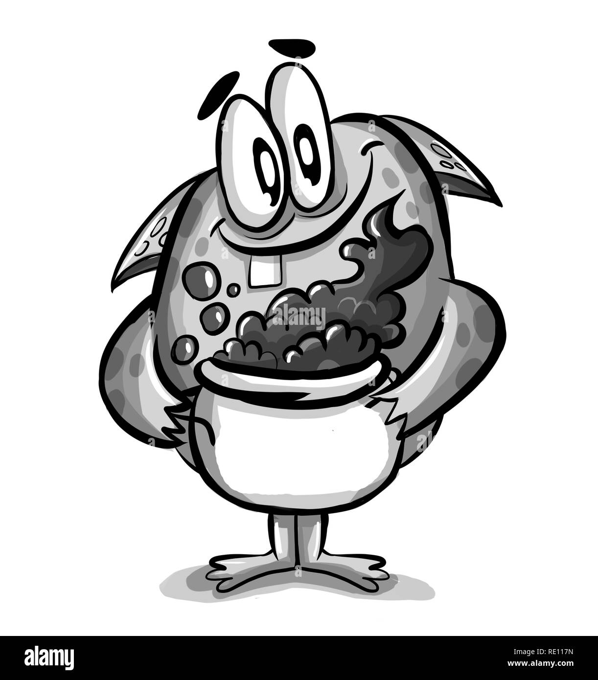 Monster prepara la pozione, fiaba carattere, in bianco e nero illustrazione Foto Stock